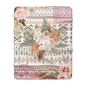 Floral Boho Sherpa Blanket – Soft Fleece with Roses & Tribal Print